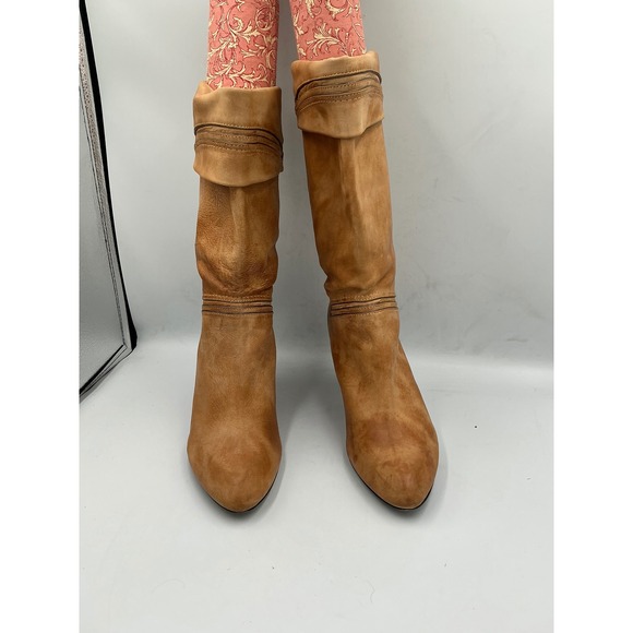Frye Simone Cuff Boots 10M Tan Leather Heeled Mid Calf 77464 Almond Toe - Picture 8 of 15